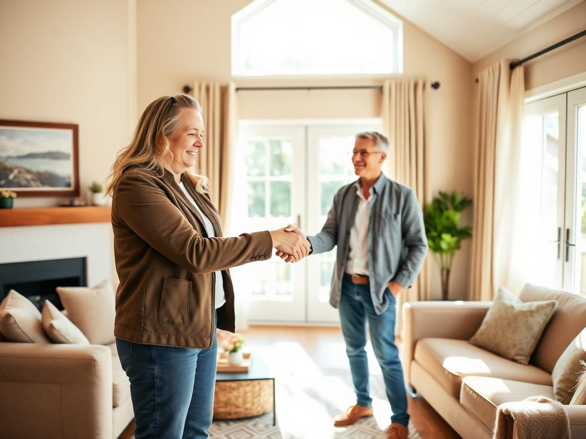 Friendly home buyer shaking hands with homeowner